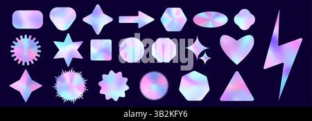 Lot d'autocollants holographiques Y2K - étoiles et coeurs, flèches et formes scintillantes avec un dégradé de néon vibrant. Irisé pastel bleu, rose et violet couleurs 90s style brillant hologramme feuille collection de décalcomanies. Illustration de Vecteur