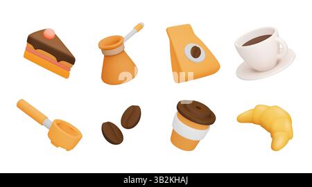 Tasse à café 3D. Nourriture de café. Boutique de grains Arabica. Boisson espresso. Petit-déjeuner avec dessert et boisson caféinée. Tasse en céramique. Croissant et gâteau. Cezve de barista. Emballage papier produit. Ensemble d'icônes mignonnes vectorielles Illustration de Vecteur