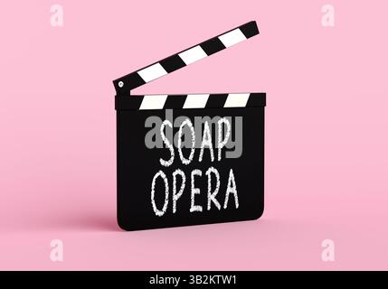 Tableau noir avec un opéra de savon en texte blanc écrit dessus, isolé sur fond rose, prêt à commencer le tournage. Rendu 3D. Banque D'Images