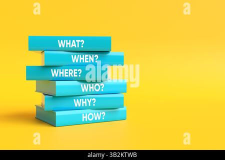 Le concept 5 WS. Livres avec les questions quoi, quand, où, qui, pourquoi et comment écrit sur eux, formant une pile sur un fond jaune. Rendu 3D. Banque D'Images