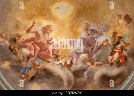 FLORENCE, ITALIE - 18 MARS 2025 : fresque de la Sainte Trinité dans l'église Chiesa di Santa Felicita par Tommaso Gherardini (1770). Banque D'Images