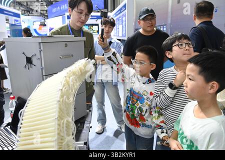 Les visiteurs sont attirés par un bras robotique souple. Hefei, China.26th avril 2025. La 3e Foire de transformation des réalisations scientifiques et technologiques en Chine (Anhui) débute à Hefei, capitale de la province d’Anhui, dans l’est de la Chine, le 26 avril 2025. Crédit : Han Suyuan/China News Service/Alamy Live News Banque D'Images