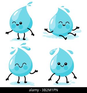 Personnages de gouttes d'eau de dessin animé. Gouttelette de pluie, mignon bleu boisson liquide splash dessin animé. Banque D'Images