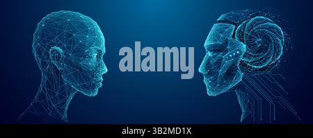 L'homme regarde le visage d'un robot humanoïde. Concept d'innovation IA Illustration de Vecteur