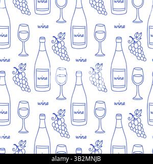 La dolce vita doodles motif sans couture avec bouteille de vin, verres, raisin. Bleu sur illustration vectorielle blanche des affiches dessinées à la main de style italien. Mur Illustration de Vecteur