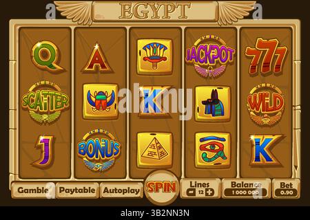 Egypte SLOT UI. Menu des machines à sous avec boutons standard pour le développement du jeu. Écran principal du gameplay des machines à sous du casino. Symboles de machine à sous en or Égypte Illustration de Vecteur