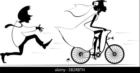 Couple marié. La mariée s'éloigne du marié sur le vélo. Marié bouleversé essayant de rattraper une mariée en fuite sur la mariée à vélo. Illustration de Vecteur