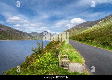 Une vue pittoresque et magnifique sur un réservoir tranquille de Silent Valley et un chemin sinueux, magnifiquement encadré par une végétation luxuriante et des montagnes majestueuses Banque D'Images