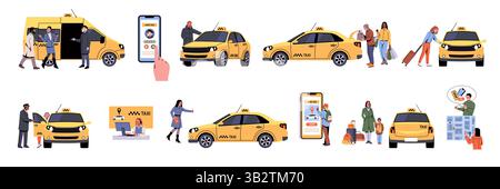 Les gens utilisent les taxis. Citadins appelant, en attente de transport, voitures jaunes, transport de passagers en ville, application mobile. Dessin animé des transports publics fla Illustration de Vecteur