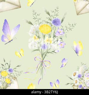 Motif floral sans couture avec des papillons, noeud de ruban noué bouquet et enveloppe avec aquarelle jaune lilas fleurs sauvages bellflower, pissenlit, prairie Banque D'Images