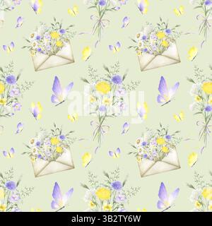 Aquarelle jaune lilas fleurs sauvages et papillons sans couture. Fleurs de champ et herbes de prairie en bouquet noué ruban arc et en vieux vintage e Banque D'Images