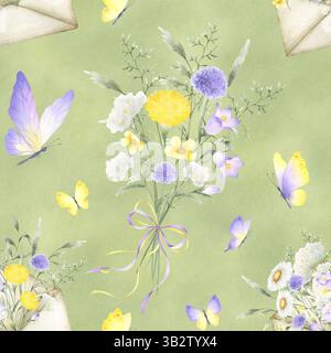 Motif floral sans couture avec des papillons, noeud de ruban noué bouquet et enveloppe avec aquarelle jaune lilas fleurs sauvages chellflower, pissenlit et hydromel Banque D'Images