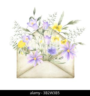 Aquarelle fleurs sauvages chellflower, cosmos, Buttercup, pissenlit et herbes de prairie dans l'ancienne enveloppe vintage. Champ jaune, lilas, fleurs blanches main dr. Banque D'Images