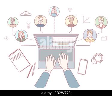 Une représentation visuelle détaillée illustrant les concepts de travail d’équipe virtuel ainsi que les outils de communication numérique Illustration de Vecteur