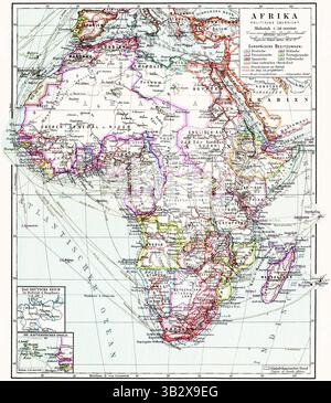 Carte du continent africain avec possessions coloniales, frontières et routes maritimes, aperçu politique. Banque D'Images