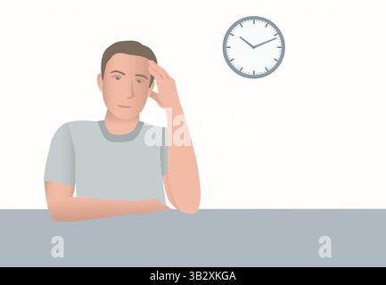 Jeune homme réfléchissant à un problème, suggérant une pensée profonde. Horloge sur le mur, ajoutez l'accent sur le temps et l'introspection. Illustration de Vecteur