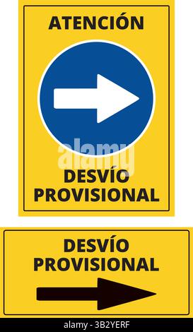 Atencion desvio panneaux jaunes provisoires (trad. Attention trafic détourné) Illustration de Vecteur