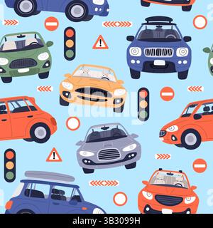 Voitures particulières. Transport urbain sans couture. Feu tricolore. Panneaux de signalisation routière. Berline et VUS. Imprimé garçons répété. Chauffeur de taxi. Autoroute Illustration de Vecteur