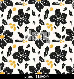 Motif sans couture de fleur contemporaine abstraite dans les couleurs noir et jaune sur fond blanc. Motif de fleurs minimaliste dessiné à la main pour les tissus, le textile Illustration de Vecteur