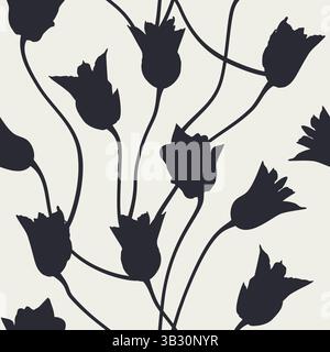 Motif floral monochrome sans couture avec silhouettes de fleurs de tulipe noires dessinées à la main sur fond blanc. Fond d'écran à répétition florale boho printanière Illustration de Vecteur