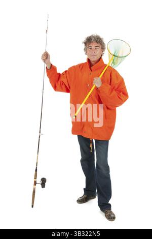 Pêcheur avec la canne à pêche dans le studio Banque D'Images