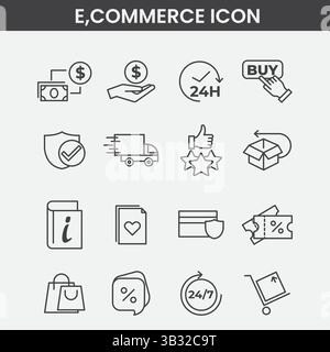 Jeu d'icônes de commerce électronique minimaliste : symboles d'achat, méthodes de paiement, livraison et éléments de vente en ligne en noir et blanc Illustration de Vecteur