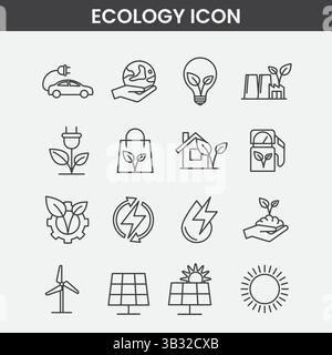 Icônes d'écologie minimalistes ensemble avec des symboles environnementaux Line Art et des concepts d'énergie durable Illustration de Vecteur