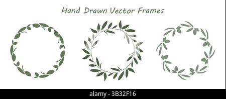 Ensemble de cadre de branche d'olivier, bordure en forme de cercle. Silhouette dessinée à la main. Palette de couleurs vert gris. Illustration vectorielle de décor web mignon Illustration de Vecteur