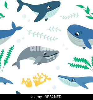 Motif sans couture de baleine de dessin animé. Habitants de l'océan, baleines sous-marines et éléments de la nature. Conception d'impression de style marin, fond vectoriel chic nautique Illustration de Vecteur