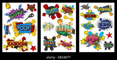 Ensemble d'affiches d'expression de dessin animé, collections de mots d'explosion de bande dessinée. Design pop art de bandes dessinées vectorielles rétro. Illustration de Vecteur