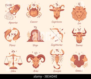 Signes du zodiaque de dessin animé. Horoscope astrologie symboles constellation, aries taurus leo gemini Virgo scorpion libra aquarius sagittarius pisces capricorne cancer, illustration vectorielle soignée illustration originale Illustration de Vecteur