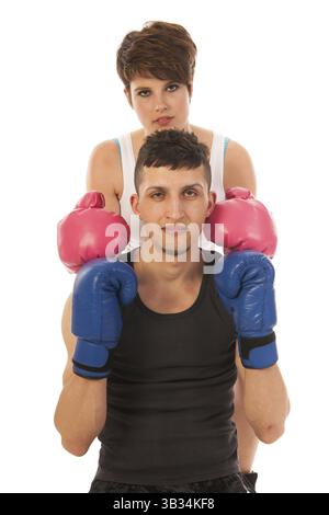 Couple de boxe isolated over white background Banque D'Images