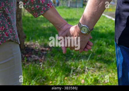 Gros plan d'un couple de personnes âgées se tenant la main à l'extérieur. Vue rapprochée d'un couple âgé tenant doucement la main dans un jardin ensoleillé, symbolisant l'amour Banque D'Images