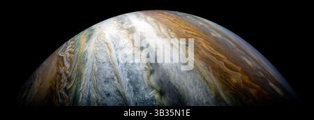 12 janvier 2018 - atmosphère de Jupiter - image publiée aujourd'hui : des ceintures de nuages tourbillonnantes colorées dominent l'hémisphère sud de Jupiter dans cette image capturée par le vaisseau spatial Juno de la NASA. Jupiter apparaît dans cette image rehaussée de couleurs comme une tapisserie de bandes de nuages vibrantes et de tempêtes. La région sombre à l'extrême gauche s'appelle la ceinture tempérée du Sud. L'intersection de la ceinture est une caractéristique fantôme de nuages blancs glissants. Image prise le 16 décembre 2017 alors que Junon effectuait son dixième survol rapproché de Jupiter. (Crédit image : © JPL/SwRI/NASA via ZUMA Wire/ZUMAPRESS.com) Banque D'Images