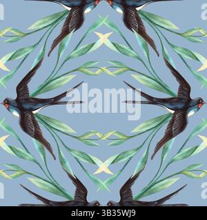 Motif sans couture bleu printemps avec des hirondelles oiseaux et feuillage. Aquarelle florale avec fond de ciel parfait pour arrangement romantique, saisonnier Banque D'Images
