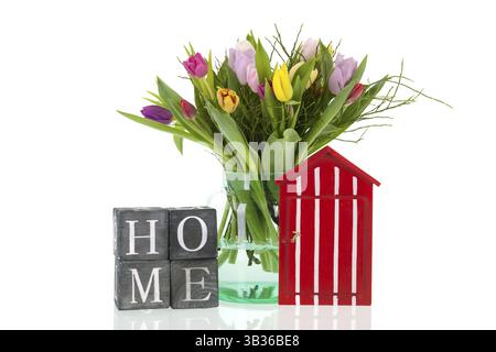 Bouquet tulipes dans un vase en verre à la maison isolé sur fond blanc Banque D'Images