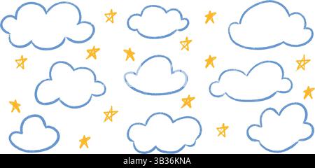 Crayon craie Kid nuage doodle bundle - adorable étoiles merveilleuses style dessiné à la main inégal. Illustration de Vecteur
