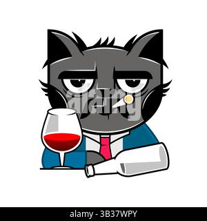 Chat buvant du vin. Chats et concept de vin. Illustration vectorielle minimaliste noir et blanc pour les mamans de chat et les amateurs de vin. Conception de vêtements imprimables. Illustration de Vecteur