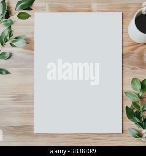 feuille de papier blanche placée au centre sur un bureau. Autour du papier se trouvent des plantes et une tasse à café Banque D'Images
