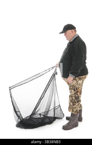 Corps plein permanent pêcheur avec filet de pêche isolé sur fond blanc Banque D'Images