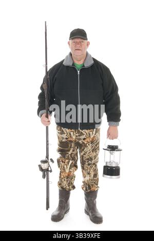 Corps plein permanent pêcheur isolé sur fond blanc Banque D'Images