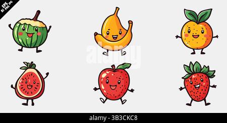 collection de personnages de fruits de dessin animé mignon avec des visages souriants et de l'art vectoriel de couleurs plates Illustration de Vecteur