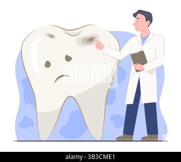 Médecin dentiste masculin pointant les cavités sur le personnage de dessin animé de dent pour les caries dentaires et les soins dentaires concept illustration Clip Art Illustration de Vecteur