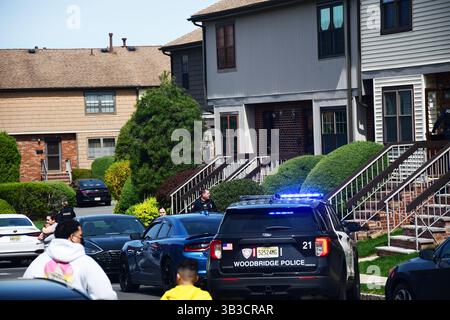 RACE : un incendie de maison menace de se propager à celui des maisons voisines alors que l'équipe d'intervention d'urgence travaille dur pour protéger la communauté du danger. Banque D'Images