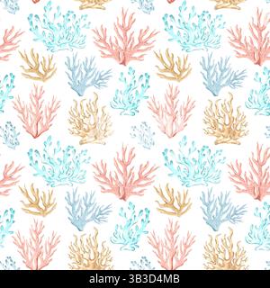 Motif sans couture d'aquarelle de coraux colorés. Illustration dessinée à la main pour les dessins nautiques. Animaux de récif océanique dans le style scketch. Sous l'eau Banque D'Images