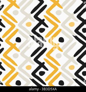Boho Geometric Lines Seamless Pattern en couleurs noires et jaunes sur fond blanc. Motif moderne dessiné à la main pour textile, tissus, papier d'emballage Illustration de Vecteur
