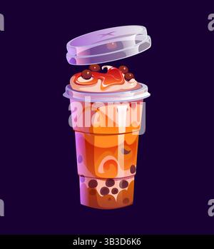 Verre à thé à bulles de lait de dessin animé. Vector tapioca brun boba dessert boisson avec garniture crémeuse, arrosé de sirop et de perles de chocolat, placé dans une tasse Illustration de Vecteur