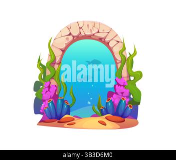 Porte en pierre sous-marine ou porte de portail magique de jeu. Entrée du monde de la mer de Vector Fantasy avec arc de roche de dessin animé, coraux et algues, eau bleue et poissons Illustration de Vecteur
