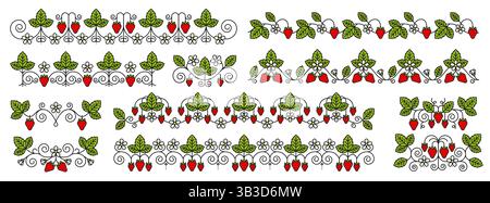Séparateur de fraises orné et décorations de bordure avec baies rouges, feuilles vertes et fleurs blanches dans des arrangements décoratifs en spirale ou embellissement Illustration de Vecteur