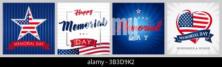 Félicitations pour le jour du souvenir DES ÉTATS-UNIS, ensemble de cartes de voeux carrées. Collection de cartes postales avec des éléments graphiques créatifs. Joyeux salutations du Memorial Day. Carte-cadeau Illustration de Vecteur